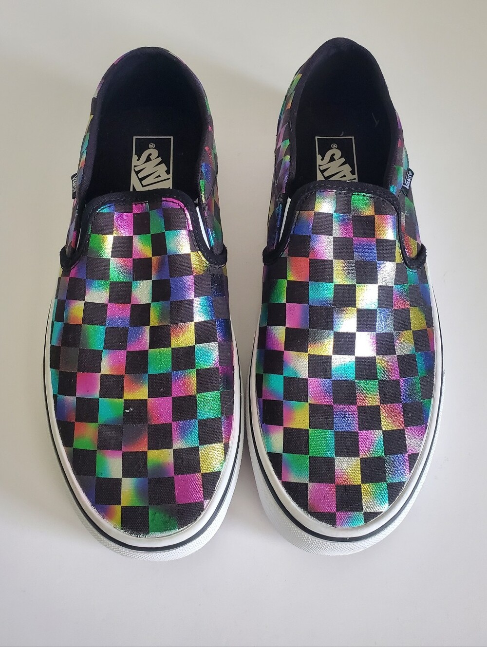Vans Classic Slip-On Iridescent Checkerboard Sneaker Black Rainbow Women 10